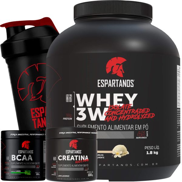 Kit Whey Protein 3w 1,8Kg + Bcaa + Creatina + Shaker – Espartanos – Sabor: Baunilha