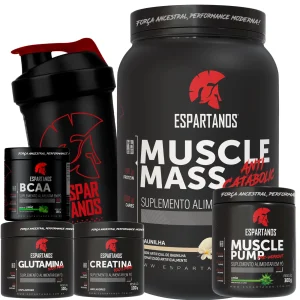 Kit Muscle Mass 1,8kg + BCAA + Creatina + Glutamina + Pré Treino Limão + Coqueteleira – Espartanos – SABOR: Baunilha