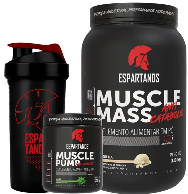 Hipercalórico Muscle Mass + Pré Treino Muscle Pump + Shaker – Sabor: Baunilha