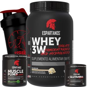 Kit Whey Protein 3W + Pré Treino + Glutamina + Shaker – Sabor: Baunilha