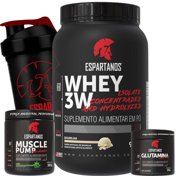 Kit Whey Protein 3W + Pré Treino + Glutamina + Shaker – Sabor: Baunilha