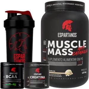 Muscle Mass 1,8kg + Bcaa + Creatina + Shaker – Espartanos – Sabor: Baunilha