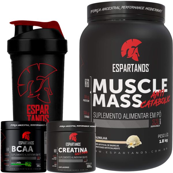 Muscle Mass 1,8kg + Bcaa + Creatina + Shaker – Espartanos – Sabor: Baunilha