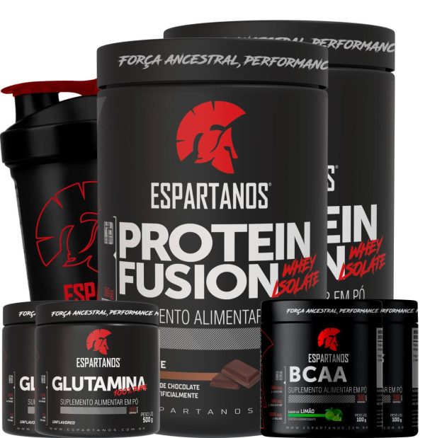 Combo Duplo Whey Fusion + 2x Bcaa + 2x Glutamina + Shaker – Sabor: Chocolate + Baunilha