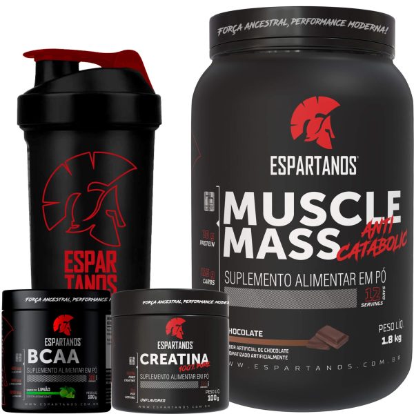 Muscle Mass 1,8kg + Bcaa + Creatina + Shaker – Espartanos – Sabor: Chocolate