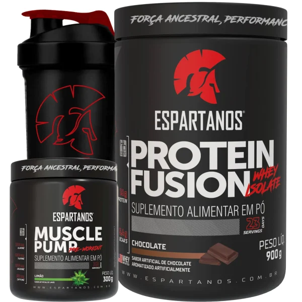 Kit Whey Protein Fusion + Pré Treino Muscle Pump Limão + Shaker – Espartanos – Sabor: Chocolate