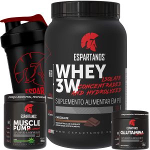 Kit Whey Protein 3W + Pré Treino + Glutamina + Shaker – Sabor: Chocolate