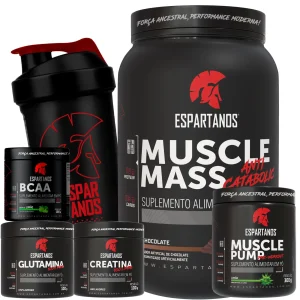 Kit Muscle Mass 1,8kg + BCAA + Creatina + Glutamina + Pré Treino Limão + Coqueteleira – Espartanos – SABOR: Chocolate