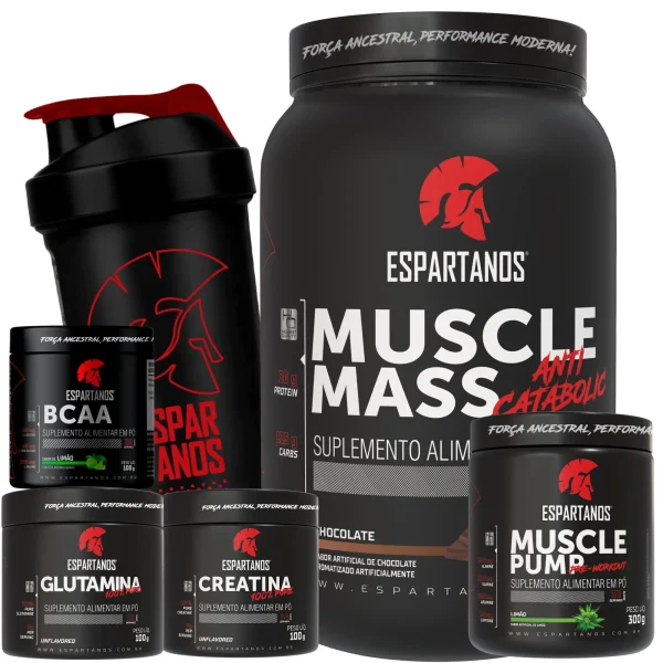 Kit Muscle Mass 1,8kg + BCAA + Creatina + Glutamina + Pré Treino Limão + Coqueteleira – Espartanos – SABOR: Chocolate