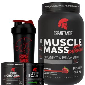 Muscle Mass 1,8kg + Bcaa + Creatina + Shaker – Espartanos – Sabor: Morango