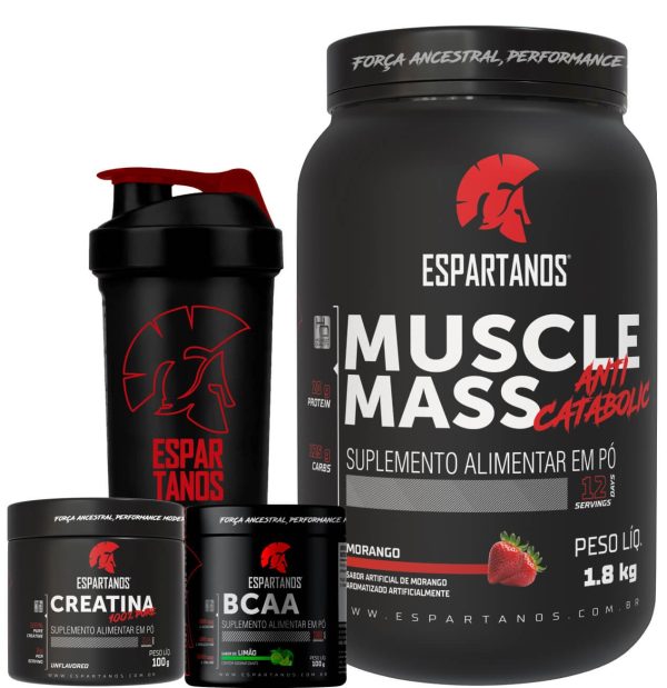 Muscle Mass 1,8kg + Bcaa + Creatina + Shaker – Espartanos – Sabor: Morango