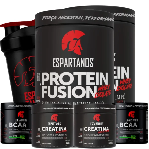 Kit Duplo Whey Protein Fusion + Bcaa + Creatina + Shaker – Sabor: BAUNILHA + CHOCOLATE