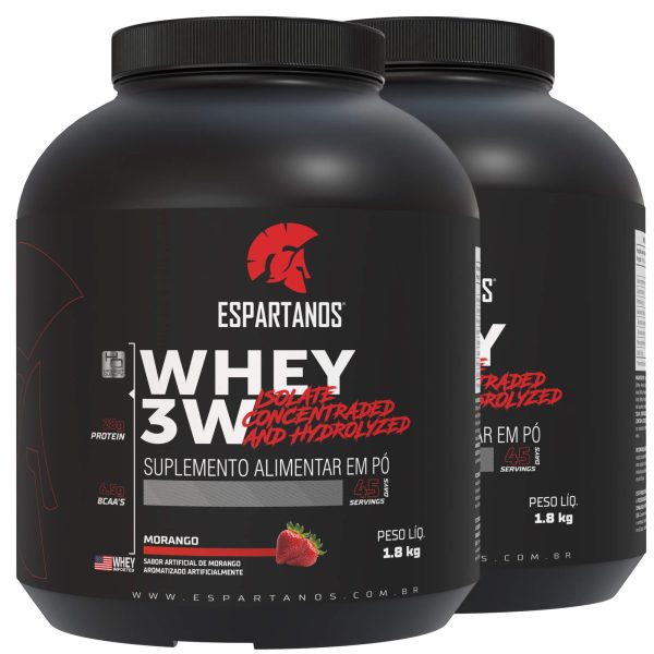 Kit 2x Whey Protein 3w 1,8kg Espartanos – Total 3,6kg – SABOR: Morango + Baunilha