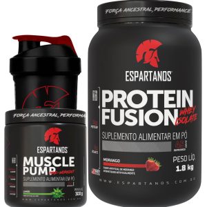Combo Whey Fusion 1800G + Pré Treino Muscle Pump 300G + Copo – Sabor: Morango