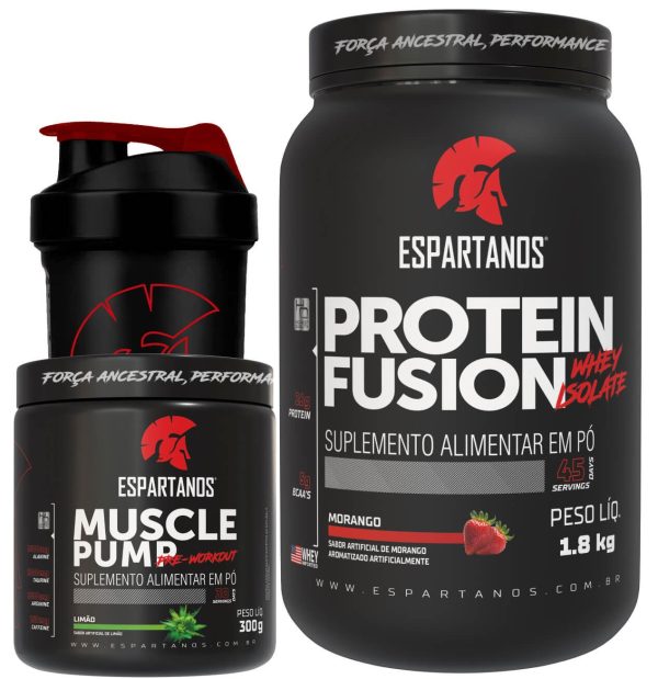 Combo Whey Fusion 1800G + Pré Treino Muscle Pump 300G + Copo – Sabor: Morango