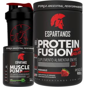 Kit Whey Protein Fusion + Pré Treino Muscle Pump Limão + Shaker – Espartanos – Sabor: Morango