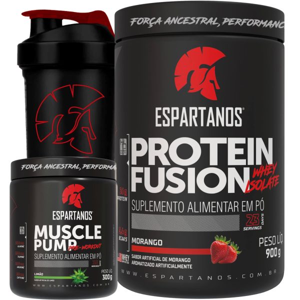 Kit Whey Protein Fusion + Pré Treino Muscle Pump Limão + Shaker – Espartanos – Sabor: Morango