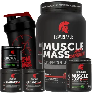 Kit Muscle Mass 1,8kg + BCAA + Creatina + Glutamina + Pré Treino Limão + Coqueteleira – Espartanos – SABOR: Morango