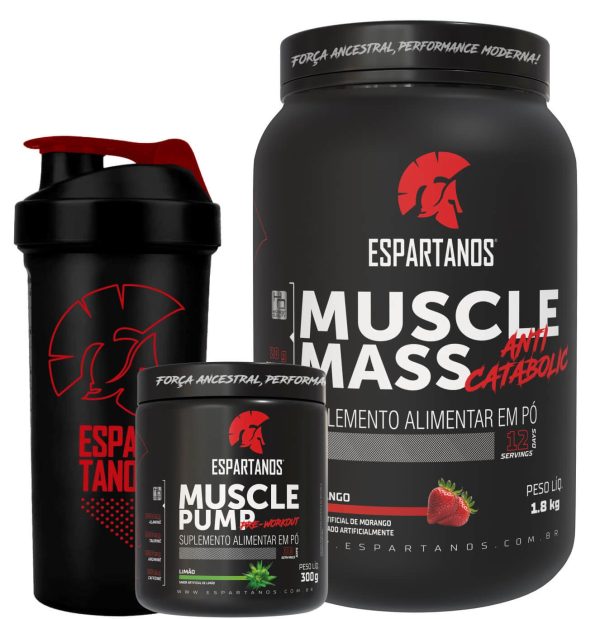 Hipercalórico Muscle Mass + Pré Treino Muscle Pump + Shaker – Sabor: Morango