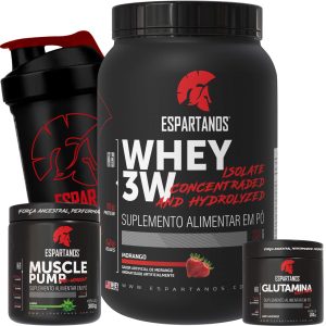 Kit Whey Protein 3W + Pré Treino + Glutamina + Shaker – Sabor: Morango