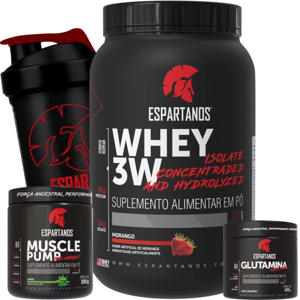Kit Whey Protein 3W + Pré Treino + Glutamina + Shaker – Sabor: Morango