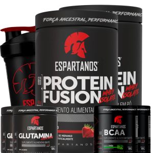 Combo Duplo Whey Fusion + 2x Bcaa + 2x Glutamina + Shaker – Sabor: Morango + Baunilha