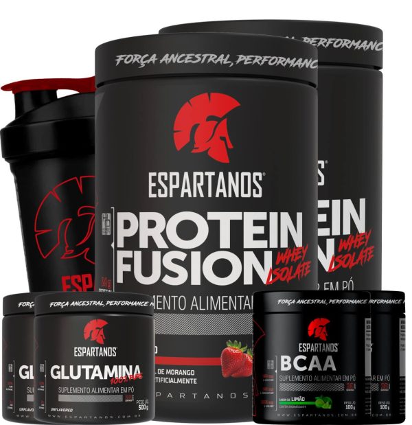 Combo Duplo Whey Fusion + 2x Bcaa + 2x Glutamina + Shaker – Sabor: Morango + Morango