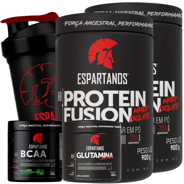 Kit 2x Protein Fusion Whey Isolate + Bcaa + Glutamina + Copo – Sabor: Chocolate