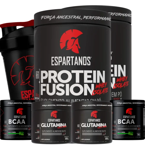 Kit 2x Whey Fusion + 2x Bcaa + 2x Glutamina + Copo – SABOR: Morango + Baunilha