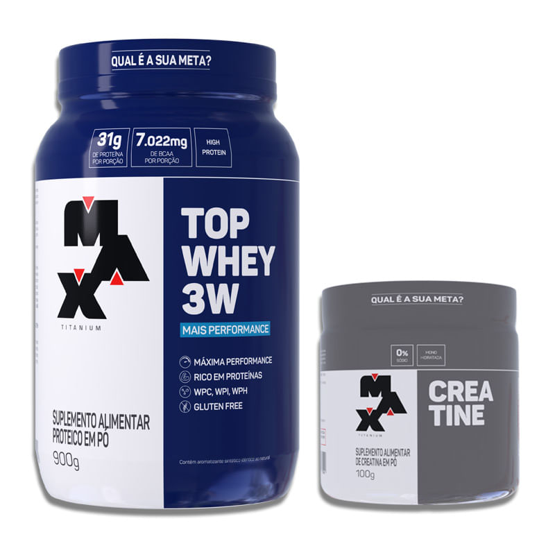 Kit Top Whey 3W + Performance 900g + Creatina 100g Chocolate