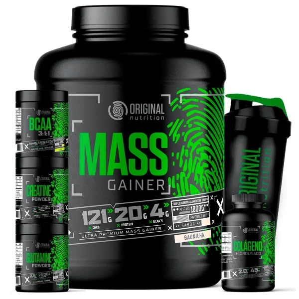 Kit Massa Hipercalórico MASS GAINER + BCAA + Creatina + Glutamina + Colágeno + Shaker – Original Nutrition – Sabor: Morango