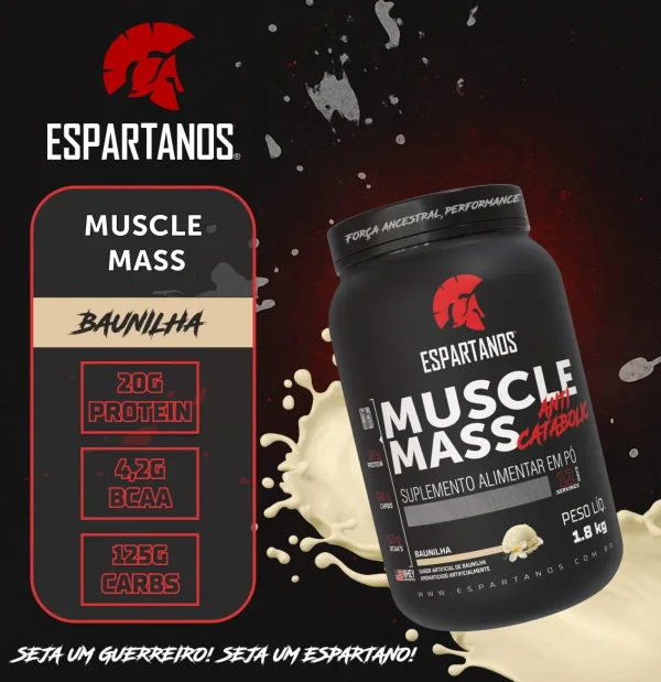 Kit Muscle Mass 1,8kg + BCAA + Creatina + Glutamina + Pré Treino Frutas Vermelhas + Coqueteleira – Espartanos – Sabor: Baunilha