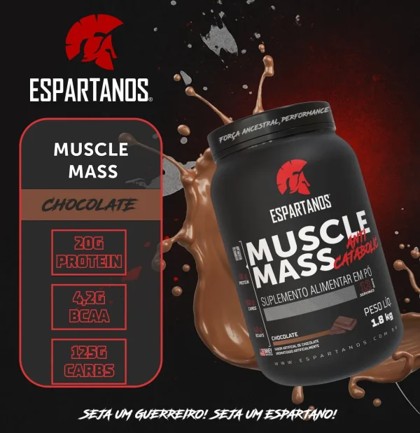 Kit Muscle Mass 1,8kg + BCAA + Creatina + Glutamina + Pré Treino Frutas Vermelhas + Coqueteleira – Espartanos – Sabor: Chocolate