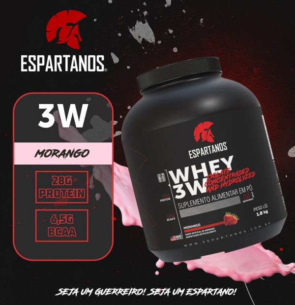 Kit Whey Protein 3w 1,8Kg + Bcaa + Creatina + Shaker – Espartanos – Sabor: Morango