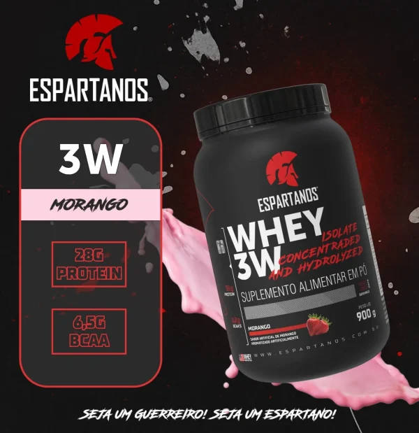 Whey Protein 3W Espartanos 900g | Peça Já e Acelere Seus Resultados – Sabor: Morango