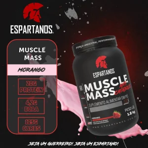 Kit Muscle Mass 1,8kg + BCAA + Creatina + Glutamina + Pré Treino Frutas Vermelhas + Coqueteleira – Espartanos – Sabor: Morango