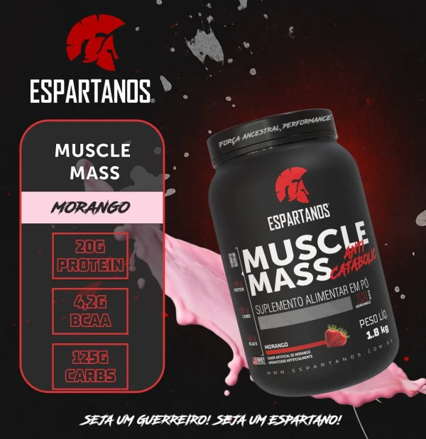 Kit Muscle Mass 1,8kg + BCAA + Creatina + Glutamina + Pré Treino Frutas Vermelhas + Coqueteleira – Espartanos – Sabor: Morango